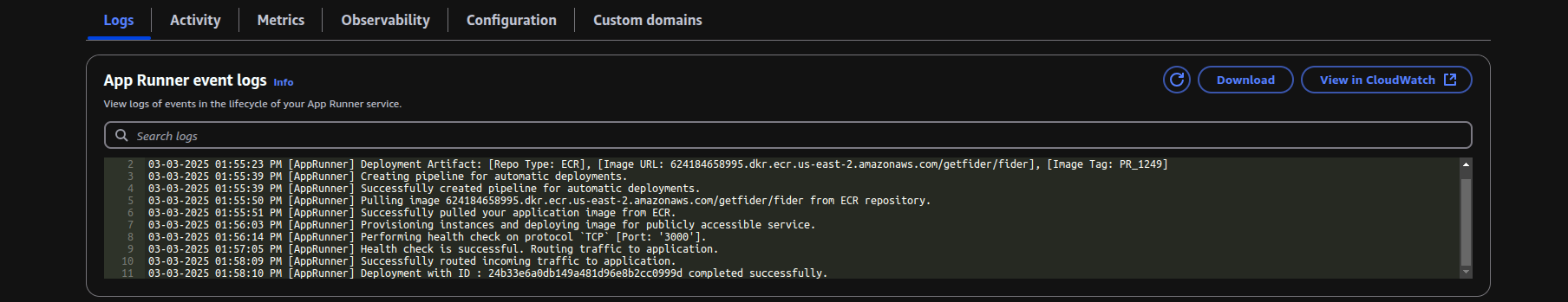 App runner deployment logs