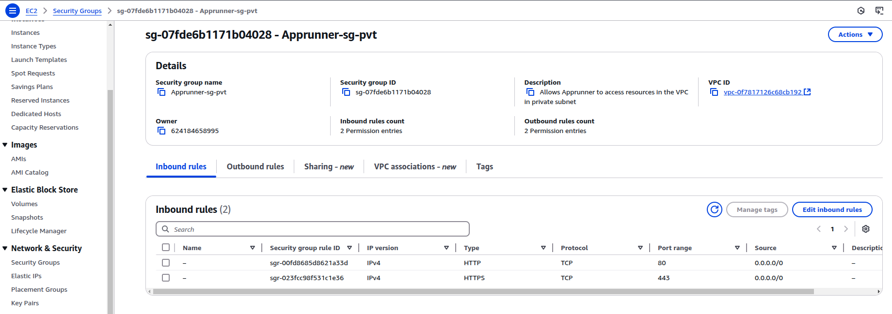 Configure App runner security group