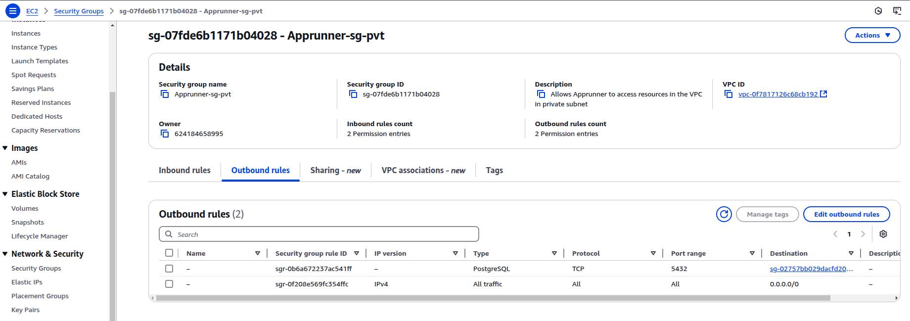 Configure App runner security group