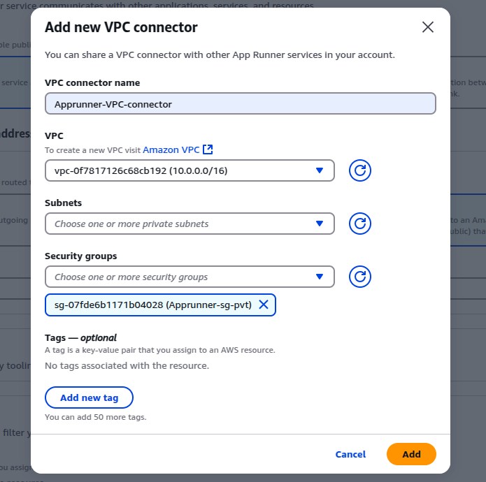 Configure App runner vpc connector