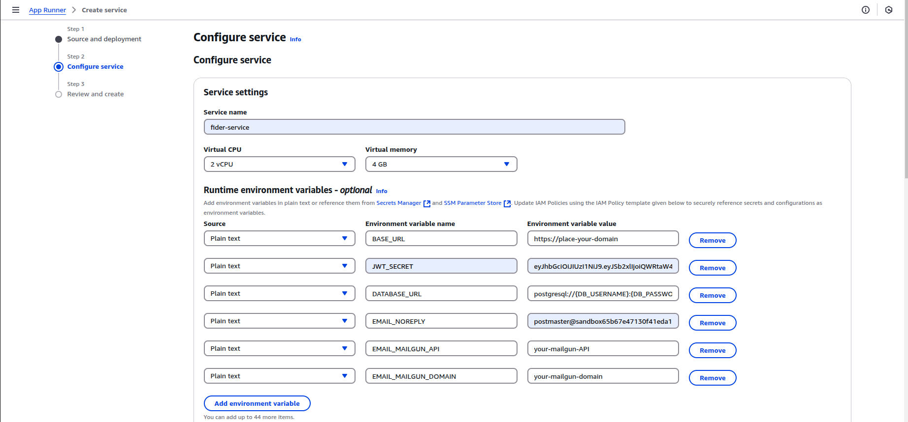 Configure App runner service