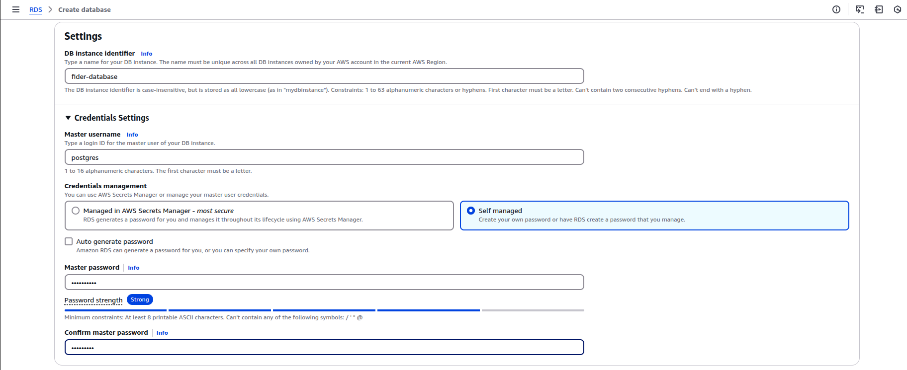 Database credentials setitngs