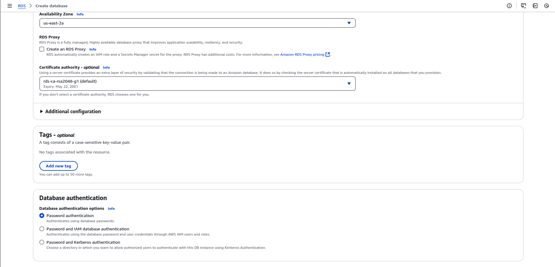 Database authentication settings